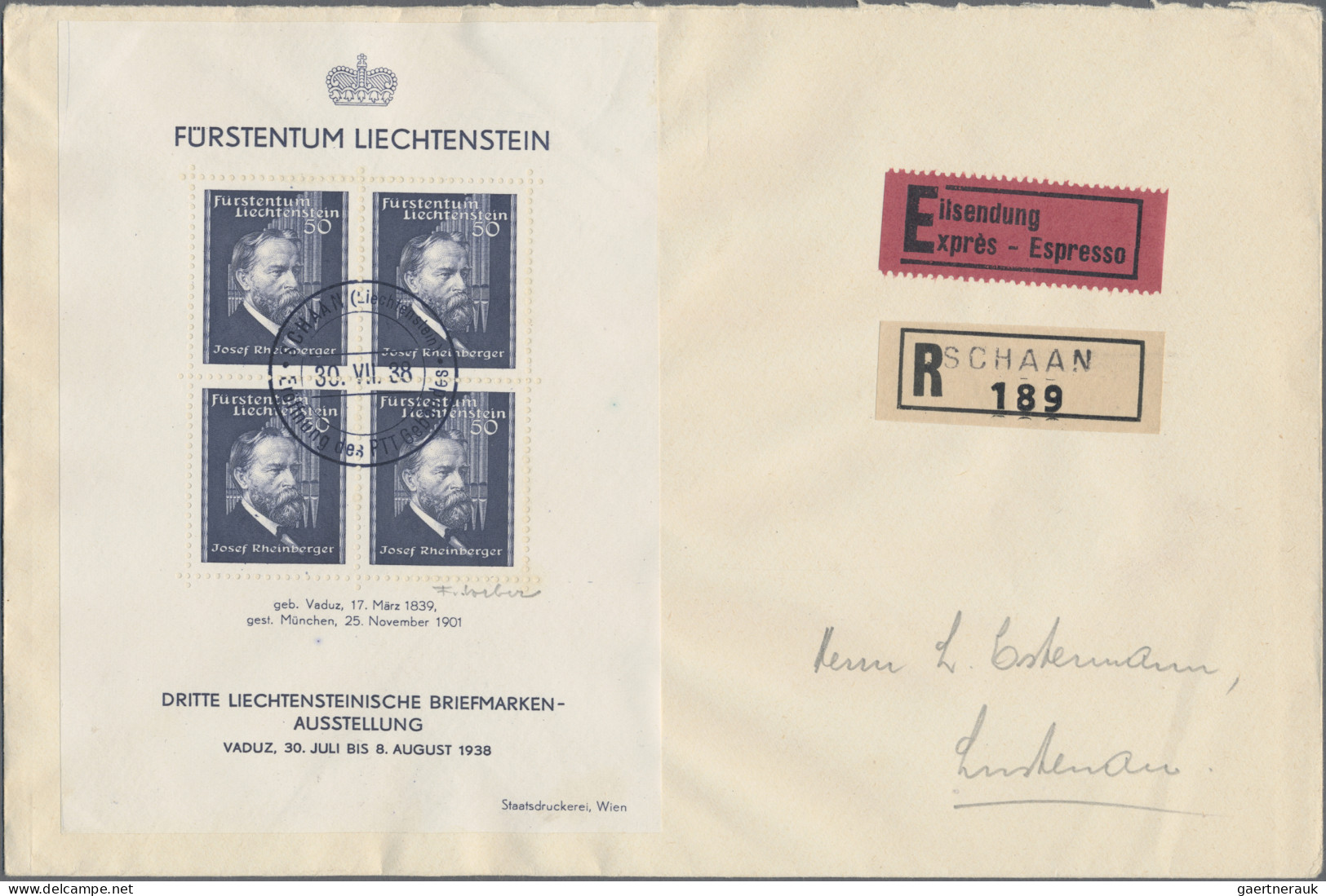 Liechtenstein: 1938, Rheinberger-Block Bleistiftsigniert Vom Stecher F.Lorbeer A - Lettres & Documents