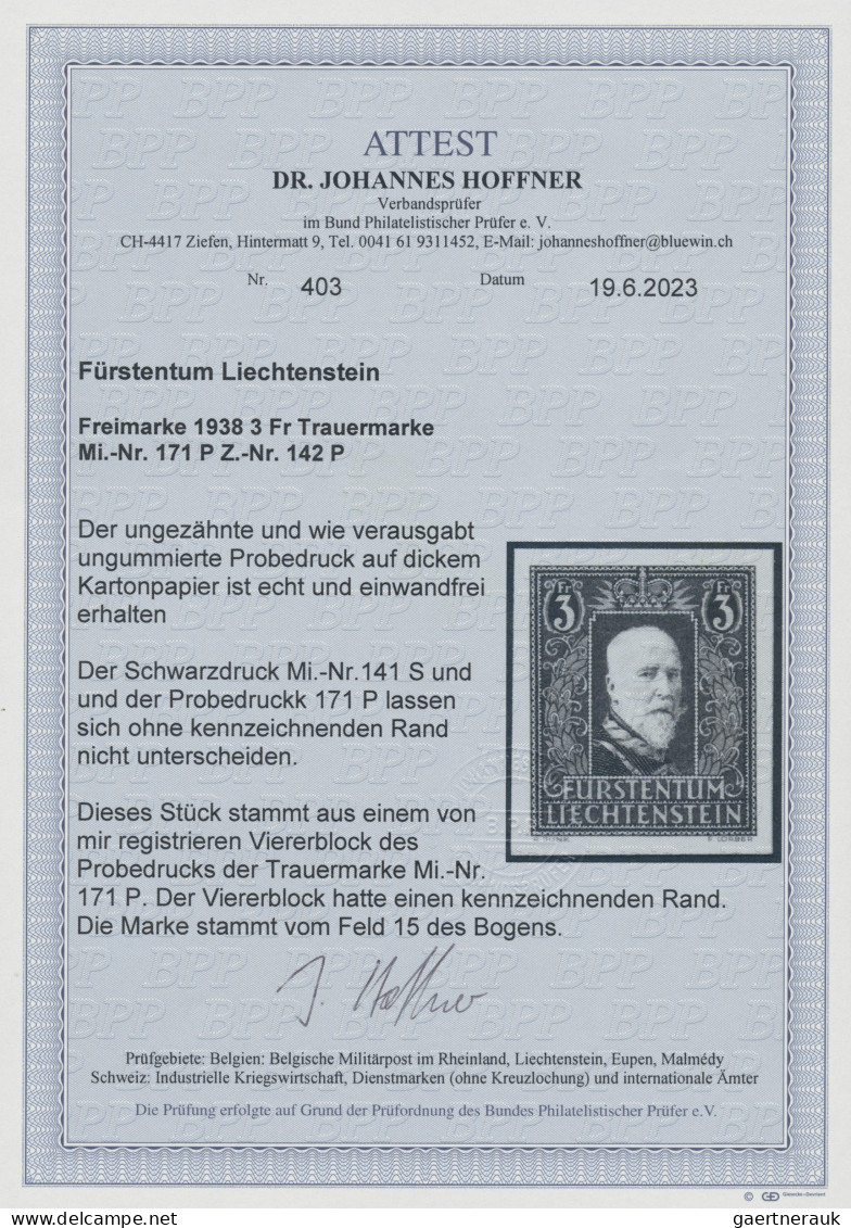 Liechtenstein: 1938, 3 Fr Fürst Franz I, Ungezähnter Probedruck Auf Ungummiertem - Unused Stamps