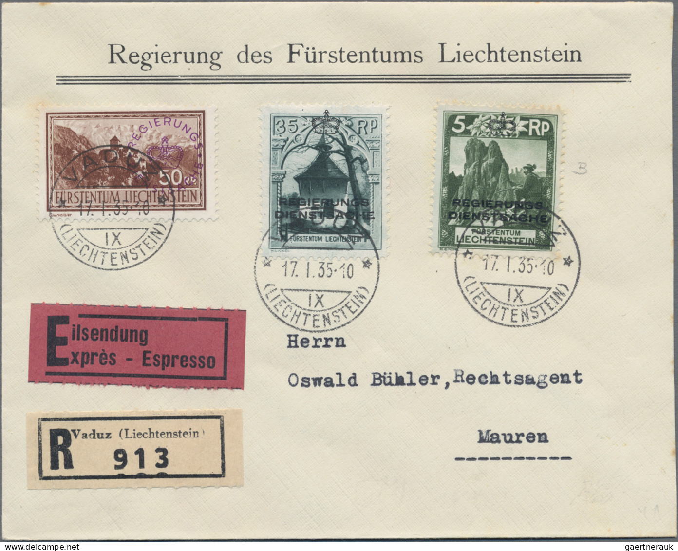 Liechtenstein - Dienstmarken: 1935/1936, 5 Verschiedene R-Briefe Der Regierung M - Dienstzegels