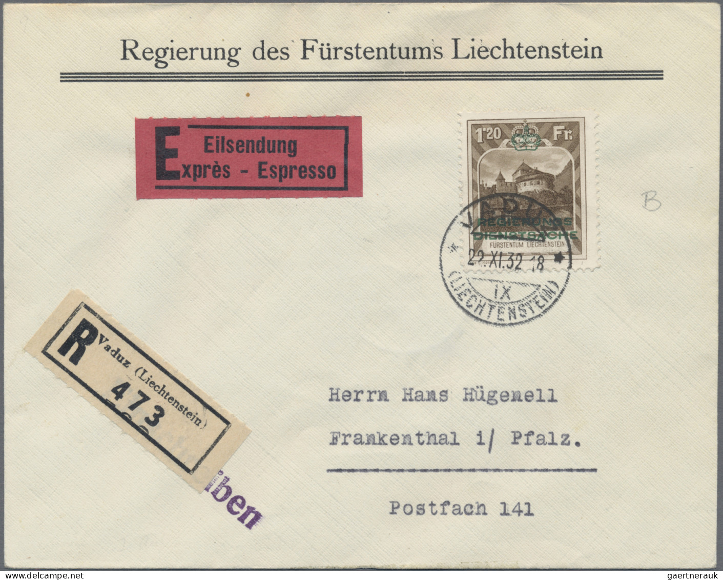 Liechtenstein - Dienstmarken: 1933, Dienstmarke I, 1.20 Fr. Schloß Vaduz Gez. B - Service