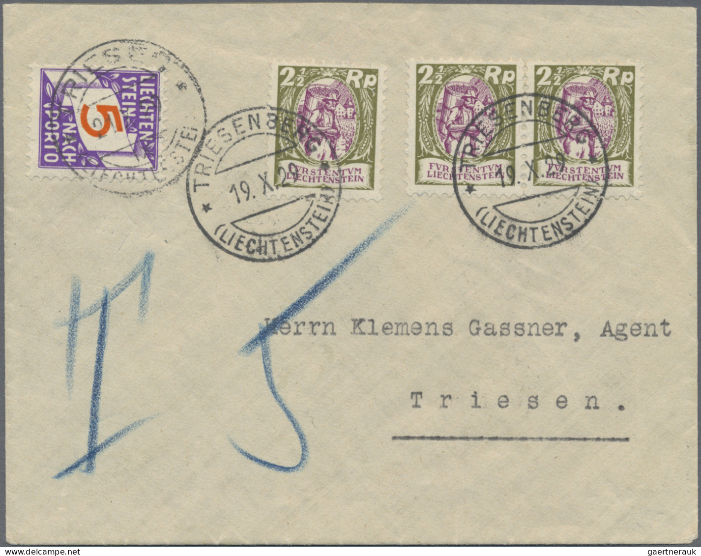 Liechtenstein - Portomarken: 1929/1938, Nachportomarken Ziffer Im Band, 3x 5 Rp. - Strafportzegels