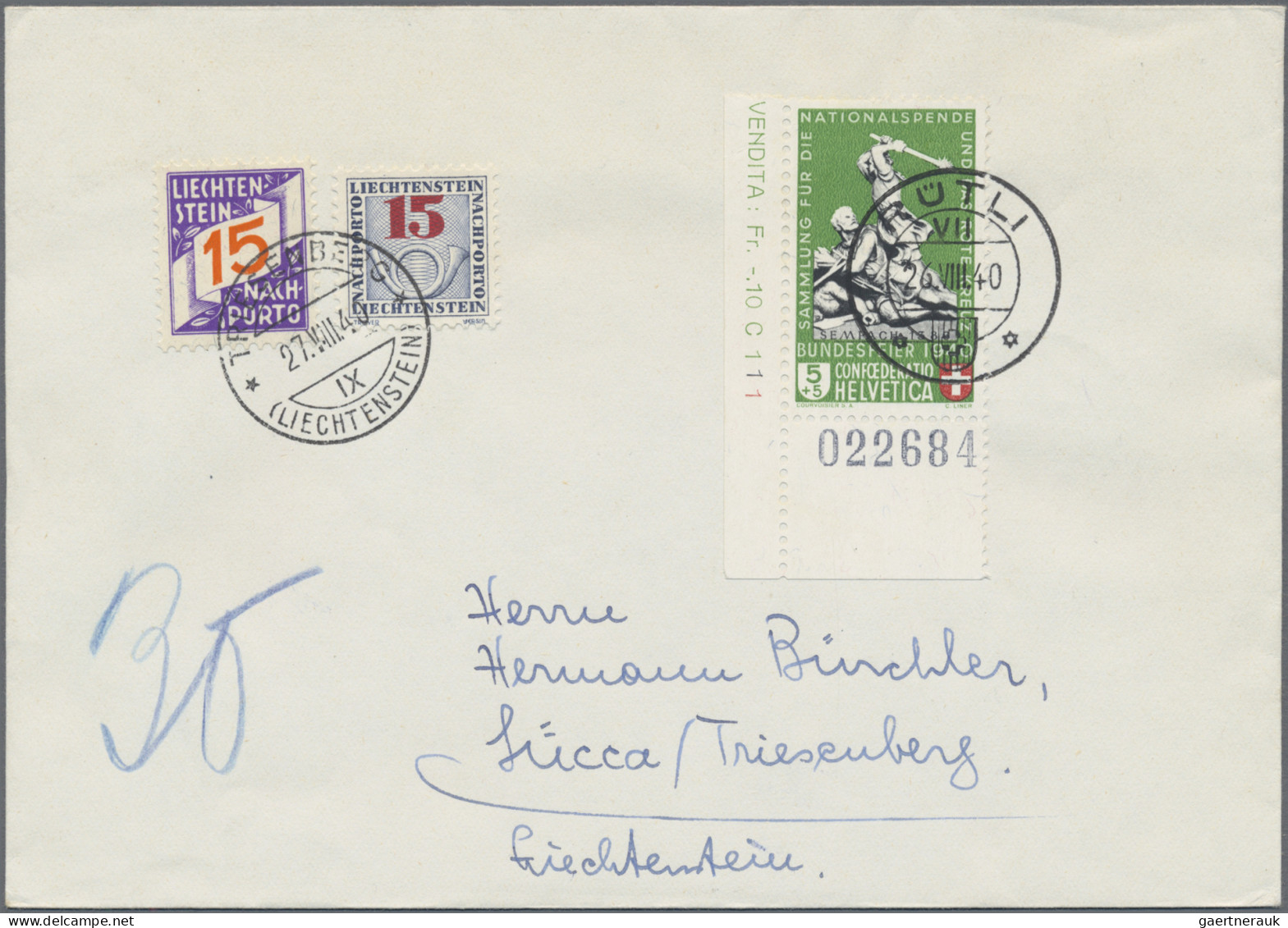 Liechtenstein - Portomarken: 1940, Nachportomarken Ziffer Im Band 15 Rp. Mit PF - Strafportzegels