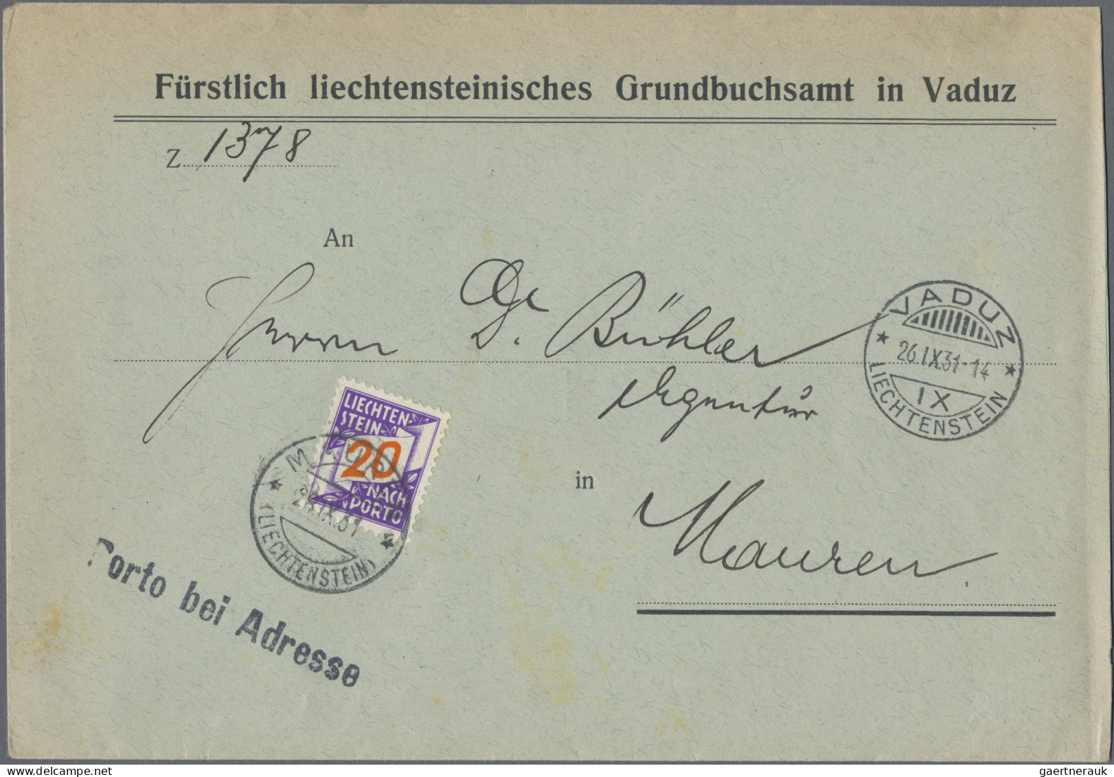 Liechtenstein - Portomarken: 1931, Nachportomarke Ziffer Im Band, 20 Rp. Mit PF - Taxe