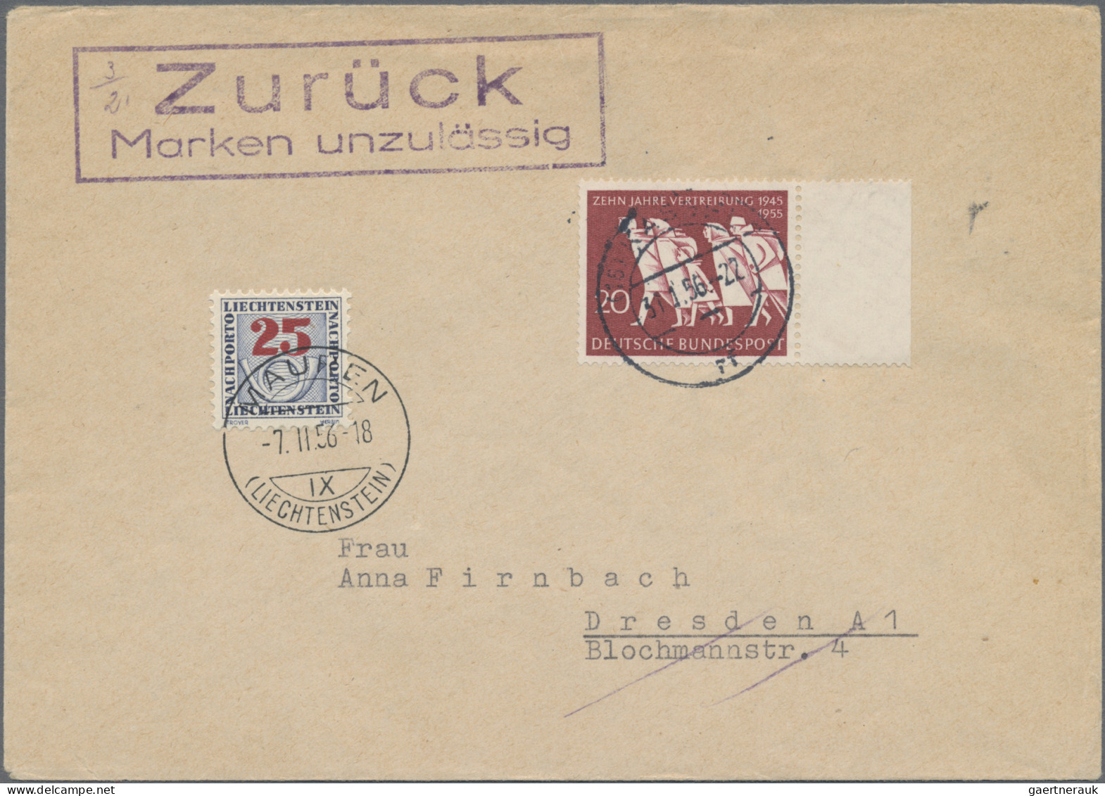 Liechtenstein - Portomarken: 1955, Nachportomarken Ziffer Mit Posthorn 5 Rp.(2), - Strafportzegels