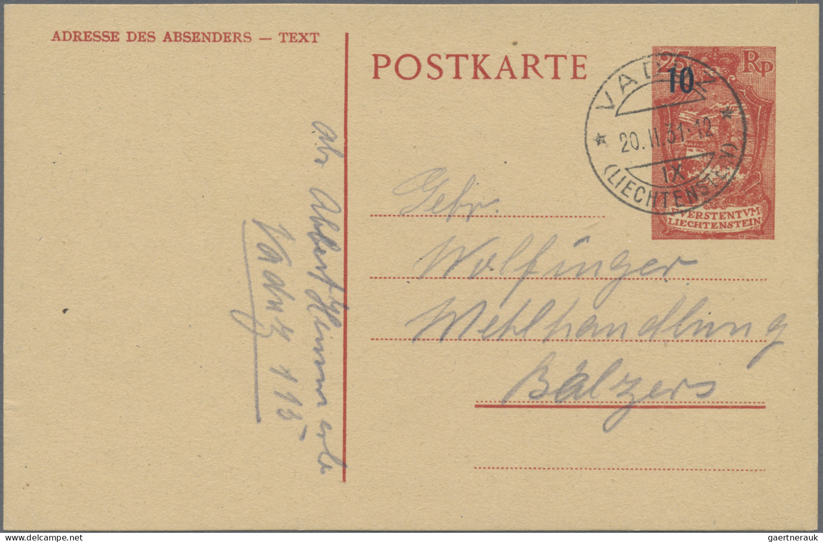 Liechtenstein - Ganzsachen: 1929/31, 10 A. 25 Rp. Schloß Vaduz, 3 Bedarfskarten - Stamped Stationery