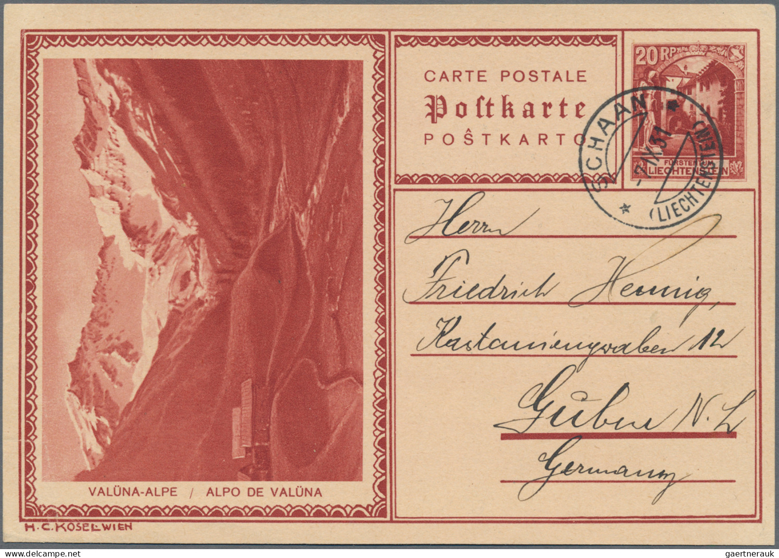 Liechtenstein - Ganzsachen: 1930, 20 Rp. Schlosshof Bilder Valüna-Alpe Und Kirch - Stamped Stationery