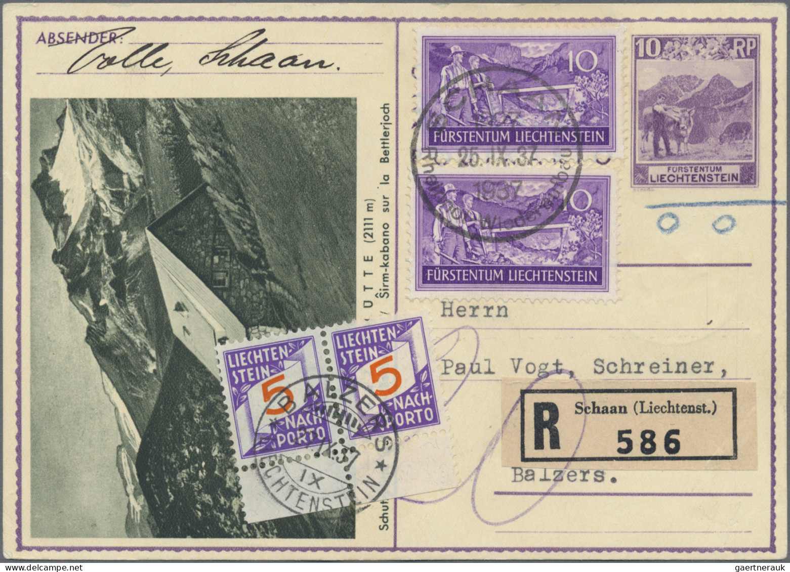 Liechtenstein - Ganzsachen: 1937, 10 Rp. Bettlerjochalpe, Bild Pfälzerhütte Mit - Entiers Postaux