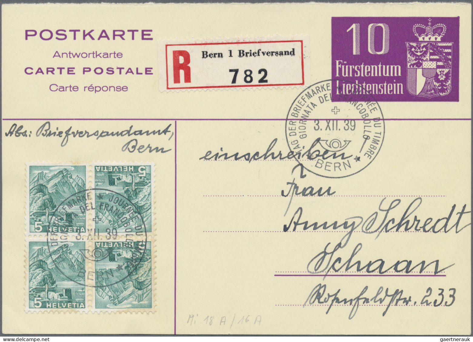 Liechtenstein - Ganzsachen: 1938, 10 Rp. Wappen Antwortteil Mit ZuF CH 4x 5 Rp. - Enteros Postales