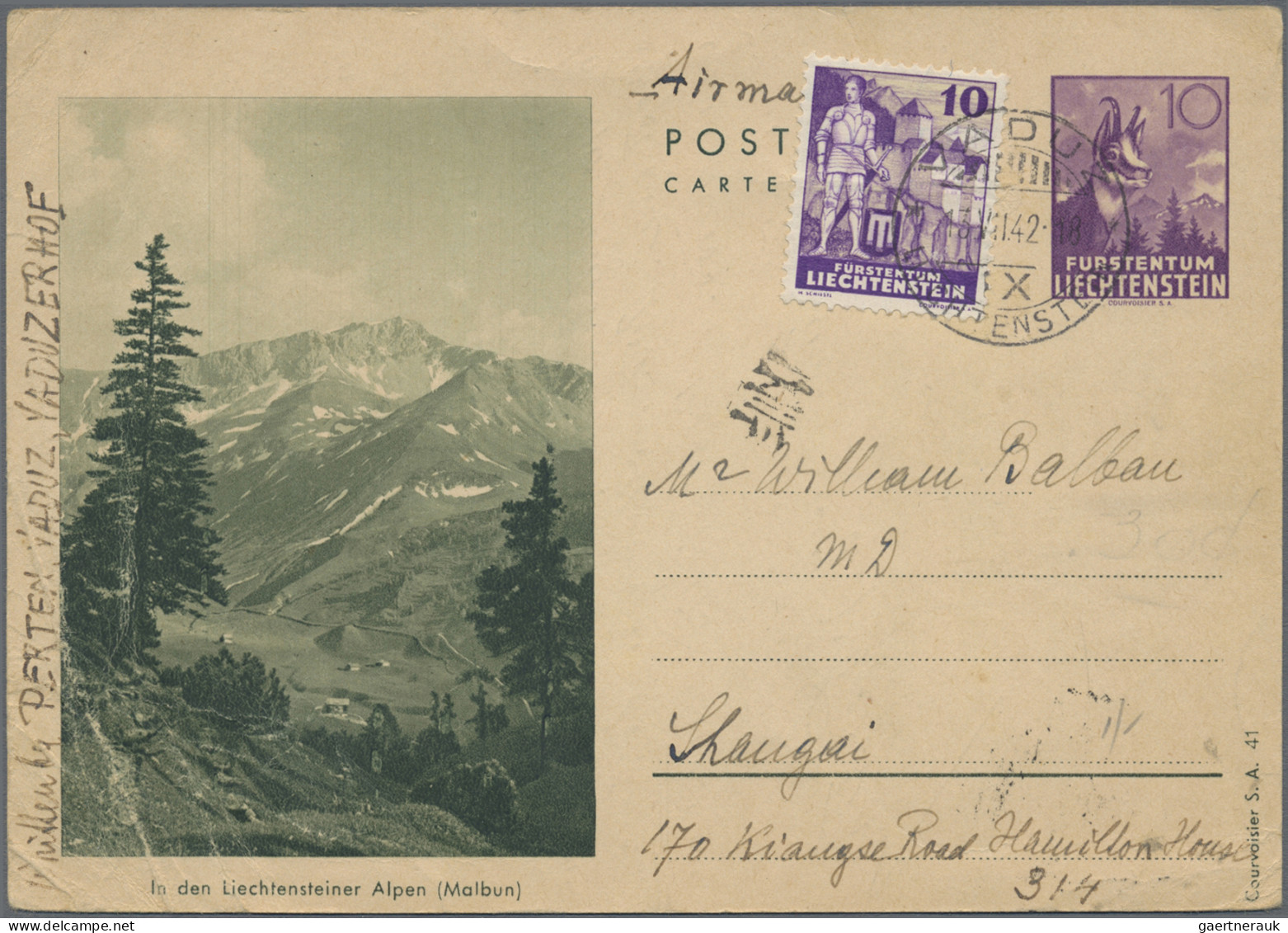 Liechtenstein - Ganzsachen: 1942 Bild-Ganzsachenkarte 10 Rp. Mit Zusatzfrankatur - Stamped Stationery