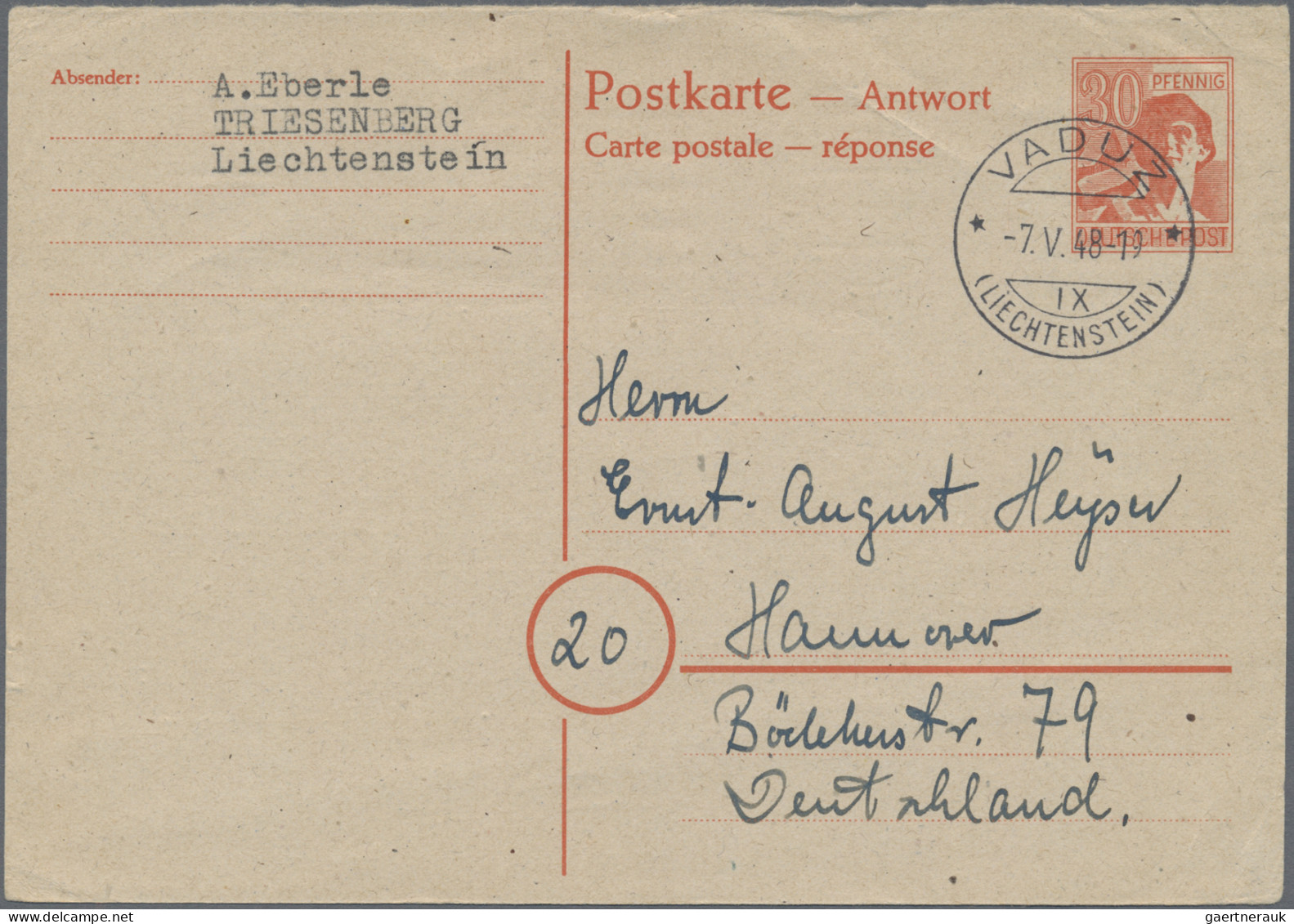 Liechtenstein - Ganzsachen: 1948, Alliierte Besetzung II.Kontrollrat, 30 Pf. Arb - Postwaardestukken