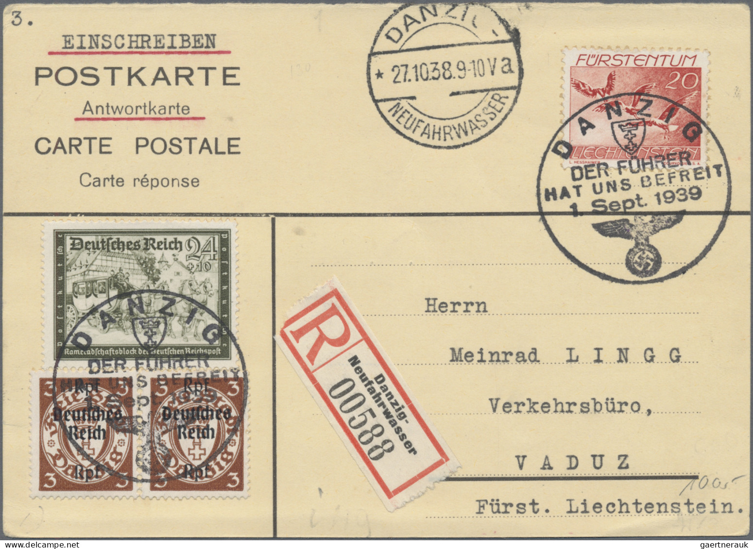 Liechtenstein - Besonderheiten: 1938/1939, 2 R-Antwortkarten Mit MiF Danzig/Dt.R - Sonstige