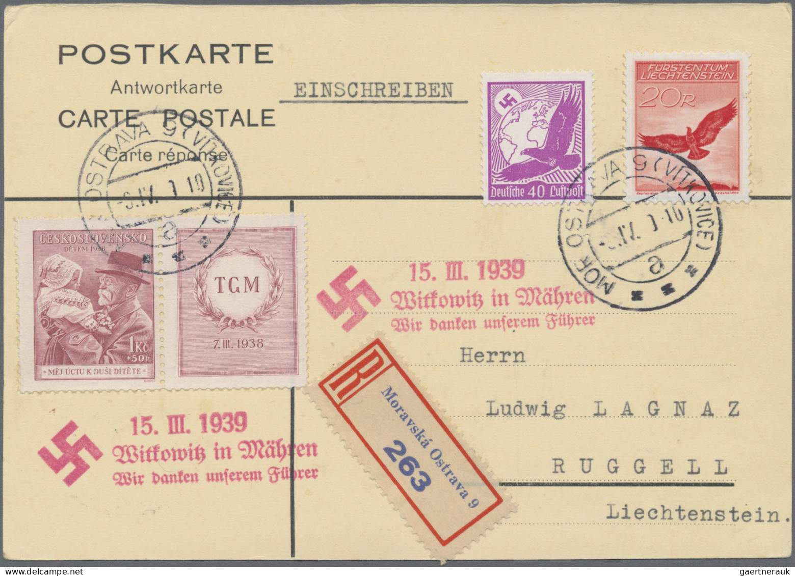 Liechtenstein - Besonderheiten: 1939, 2 R-Antwortkarten Mit MiF Tschechoslowakei - Autres