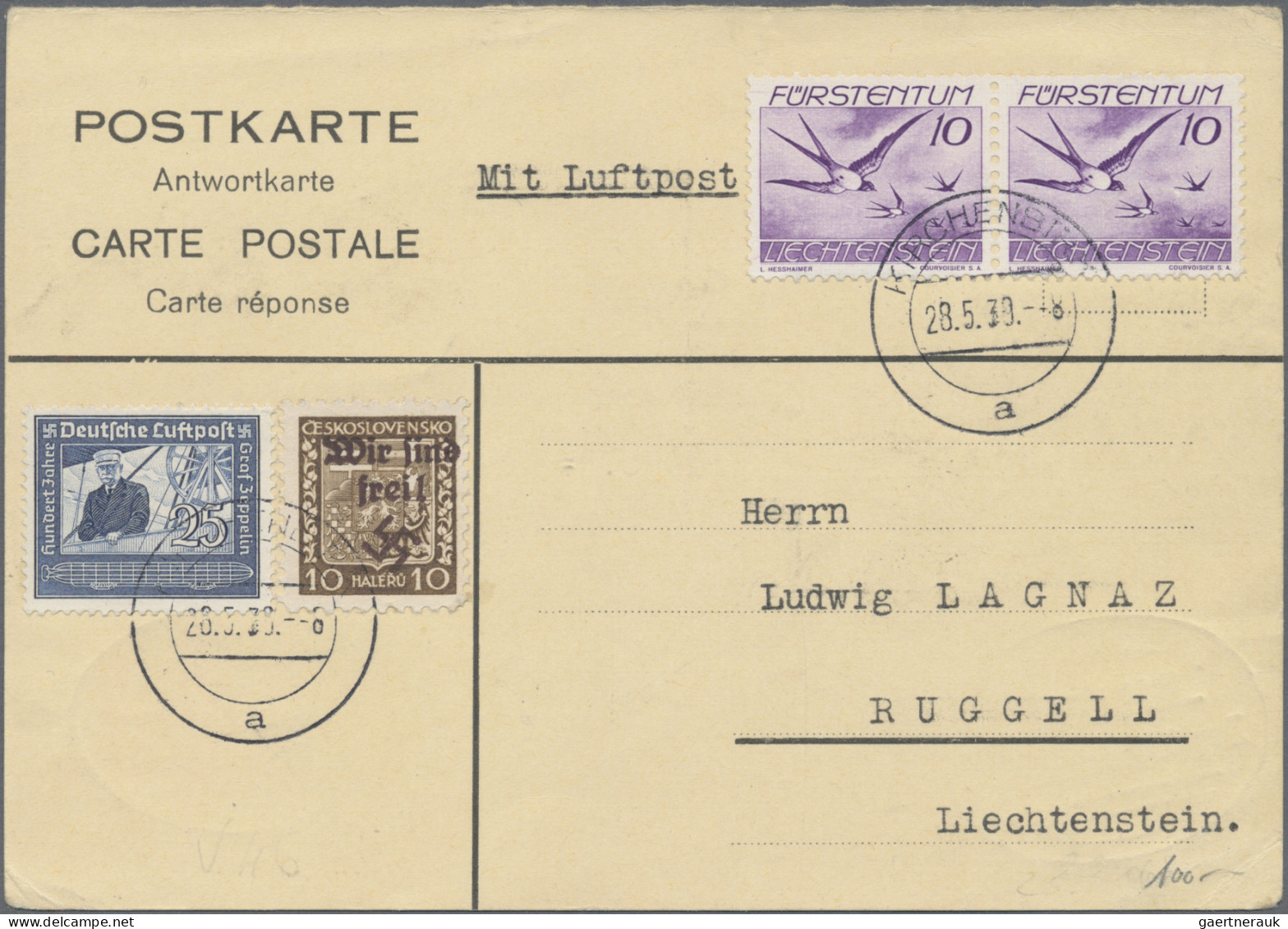 Liechtenstein - Besonderheiten: 1939, 4 Antwortkarten mit verschiedenen MiF Slow