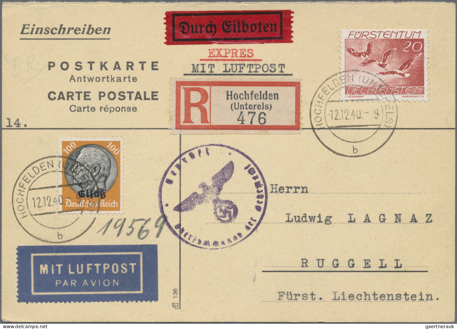 Liechtenstein - Besonderheiten: 1940, 3 R-Antwortkarten Mit MiF Dt.Besetzung Els - Andere