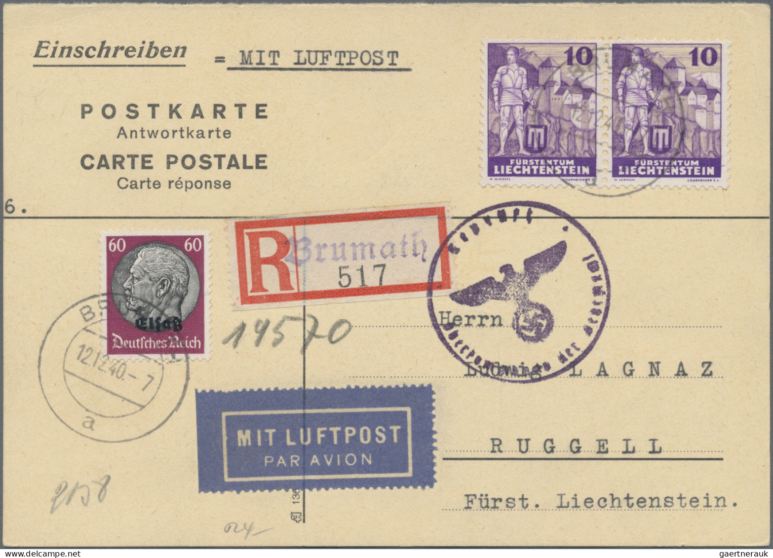 Liechtenstein - Besonderheiten: 1940, 3 R-Antwortkarten Mit MiF Dt.Besetzung Els - Sonstige