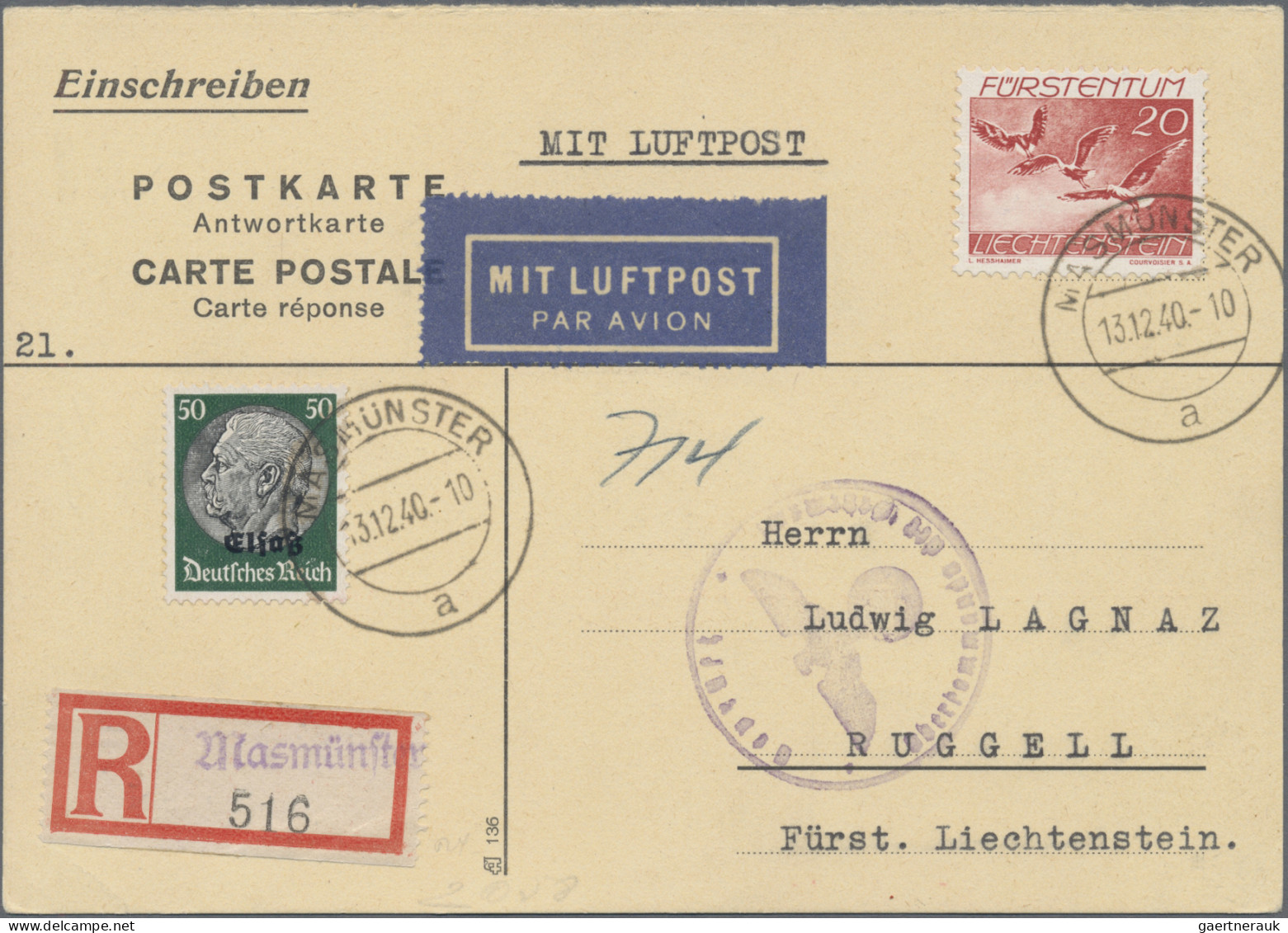 Liechtenstein - Besonderheiten: 1940, 3 R-Antwortkarten Mit MiF Dt.Besetzung Els - Sonstige