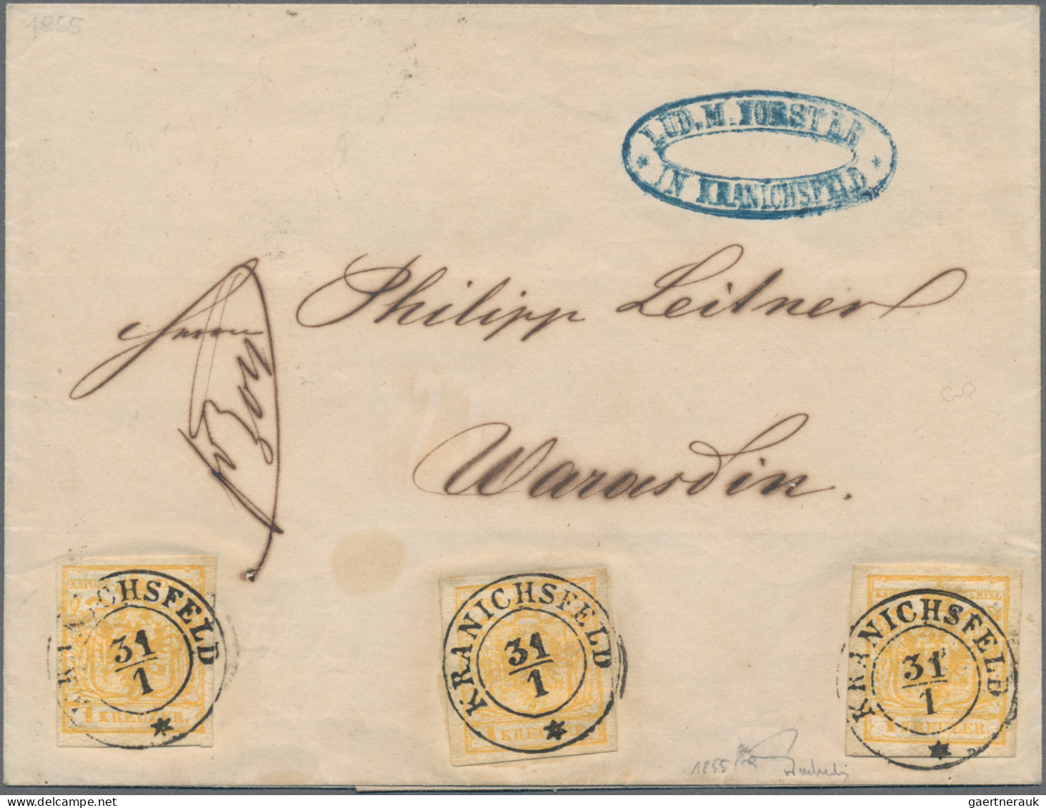 Österreich: 1850, 1 Kreuzer Orangeocker, Handpapier, Type III, 3x Auf Faltbriefh - Briefe U. Dokumente