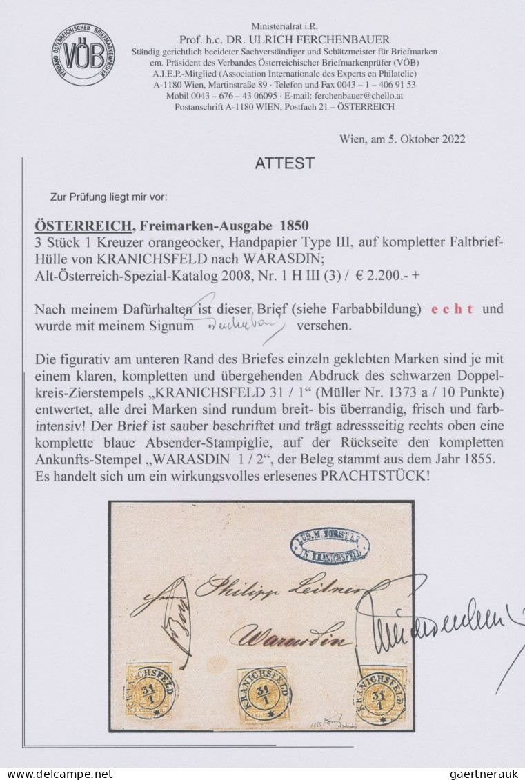 Österreich: 1850, 1 Kreuzer Orangeocker, Handpapier, Type III, 3x Auf Faltbriefh - Brieven En Documenten