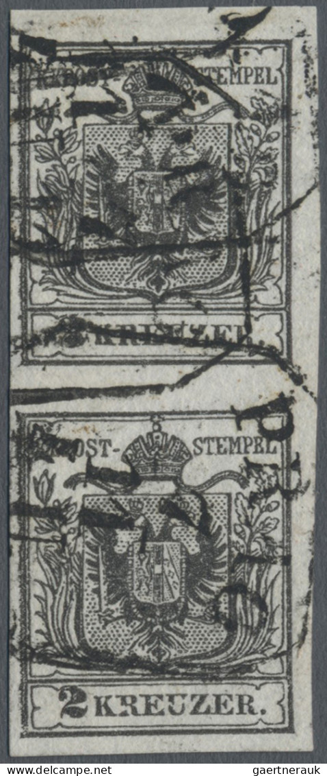 Österreich: 1850, 2 Kr. Schwarz, Type Ia, Senkrechtes Paar, Schwarzer Stempel PR - Oblitérés