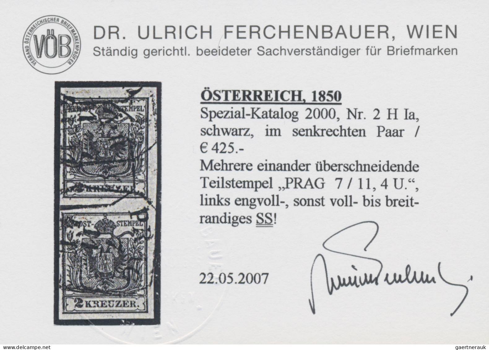 Österreich: 1850, 2 Kr. Schwarz, Type Ia, Senkrechtes Paar, Schwarzer Stempel PR - Used Stamps