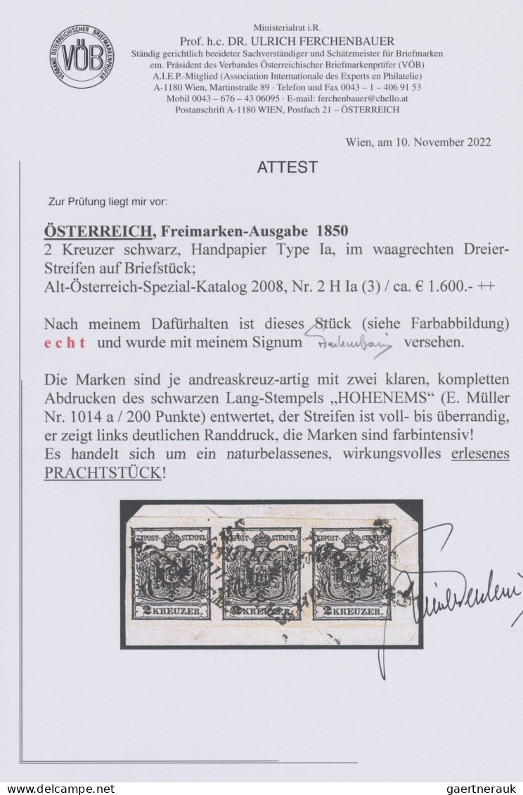 Österreich: 1850, 2 Kreuzer Schwarz, Handpapier Type Ia, Waagerechter Dreierstre - Covers & Documents