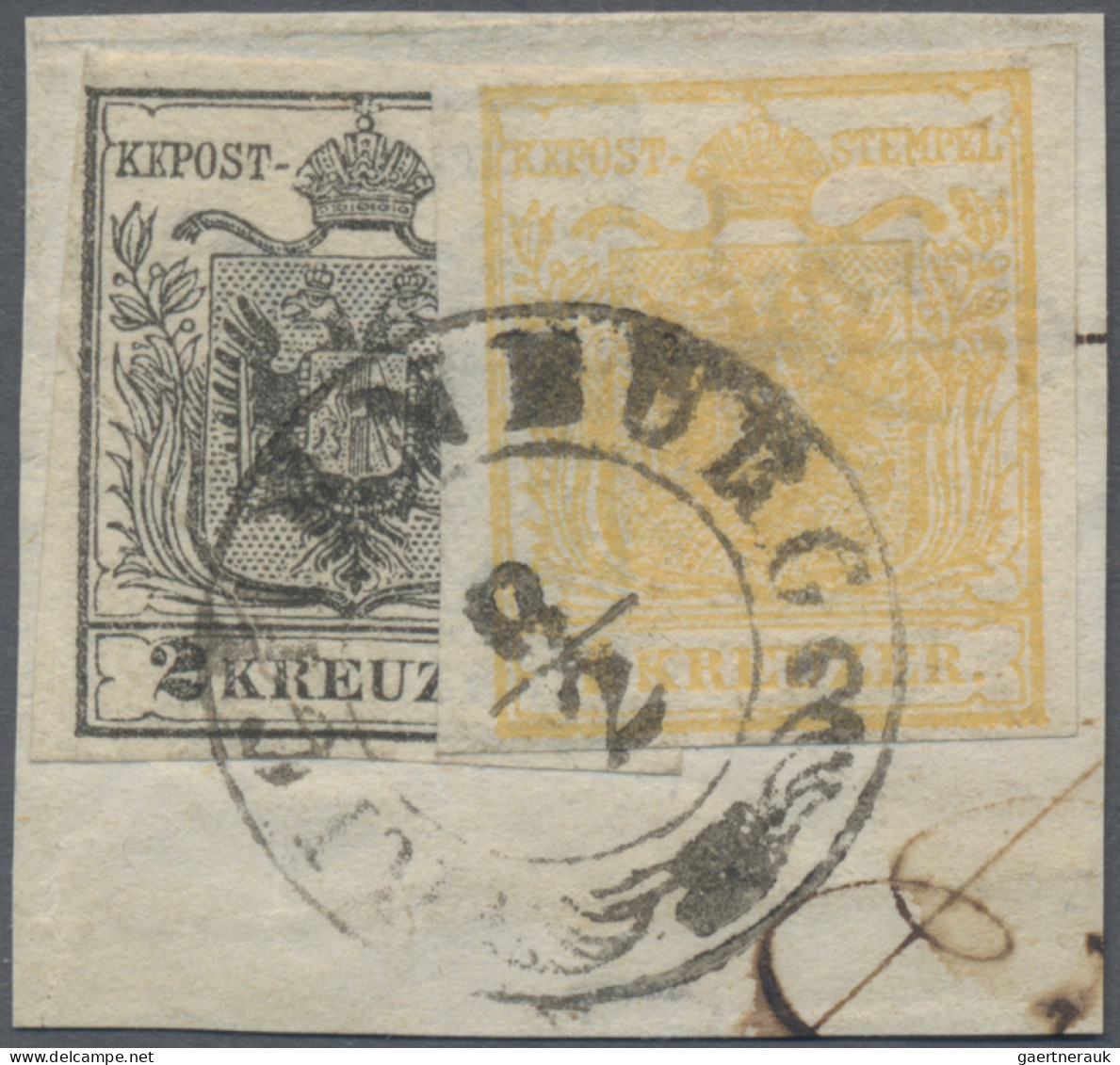 Österreich: 1850, 2 Kr Schwarz, Erstdruck Und 1 Kr Gelbocker, Als "Treppe" Gekle - Lettres & Documents