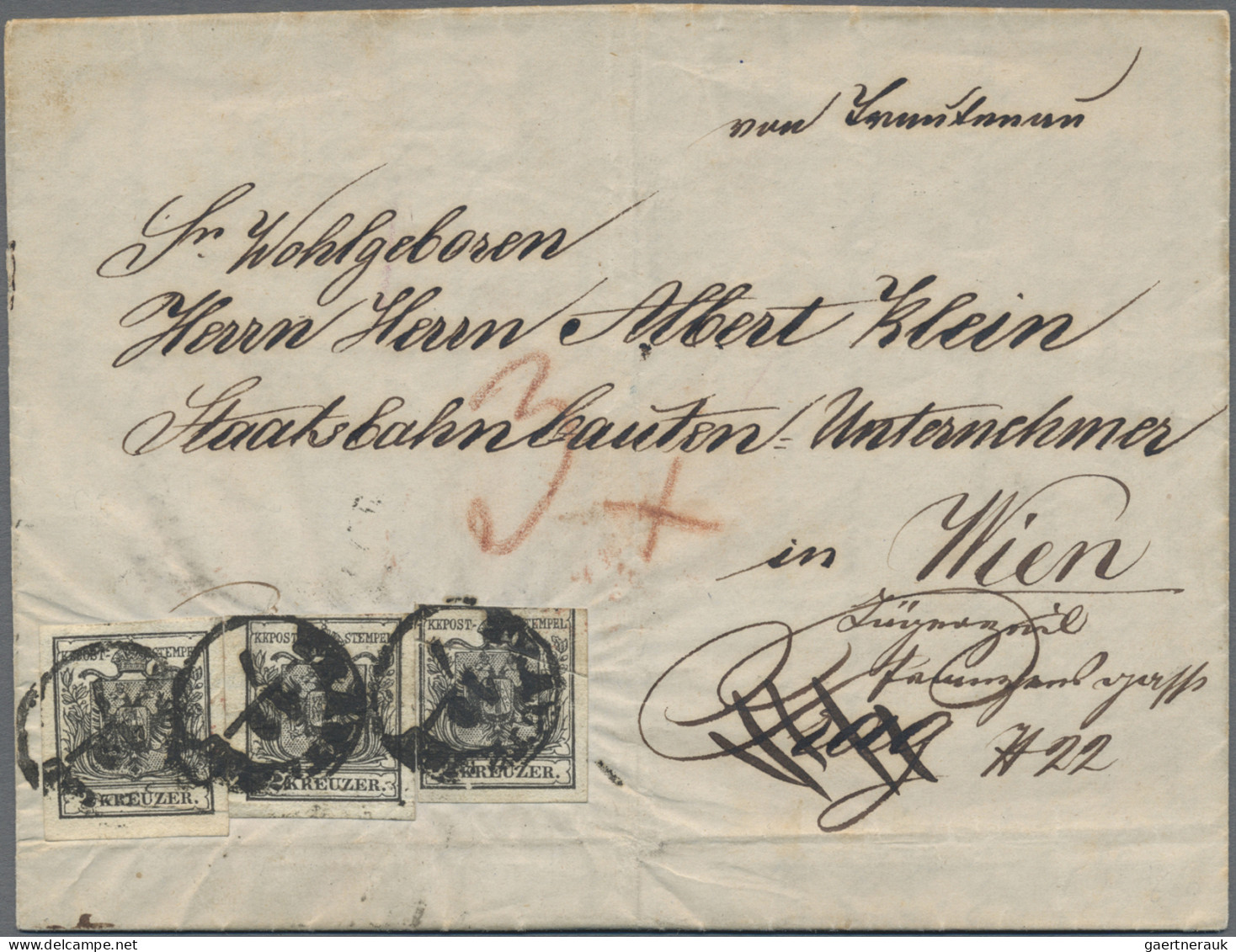 Österreich: 1850, 2 Kr. Schwarz, Handpapier, Type IIIa, Drei Exemplare, Eine Mar - Briefe U. Dokumente