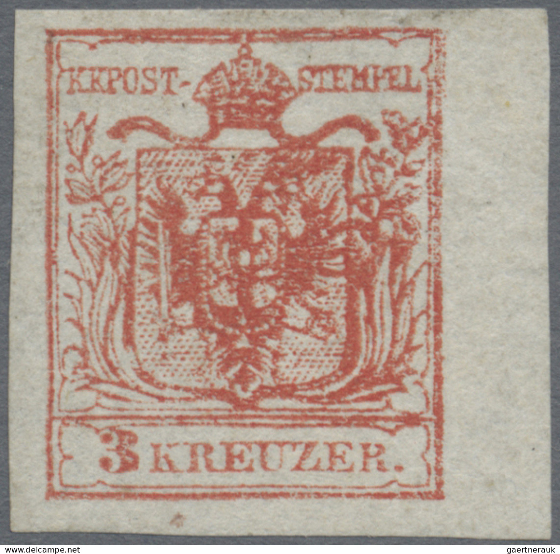 Österreich: 1850, 3 Kr Dunkelkarminrot, Handpapier Type IIIa, Rechts 5 Mmm Rand, - Ungebraucht