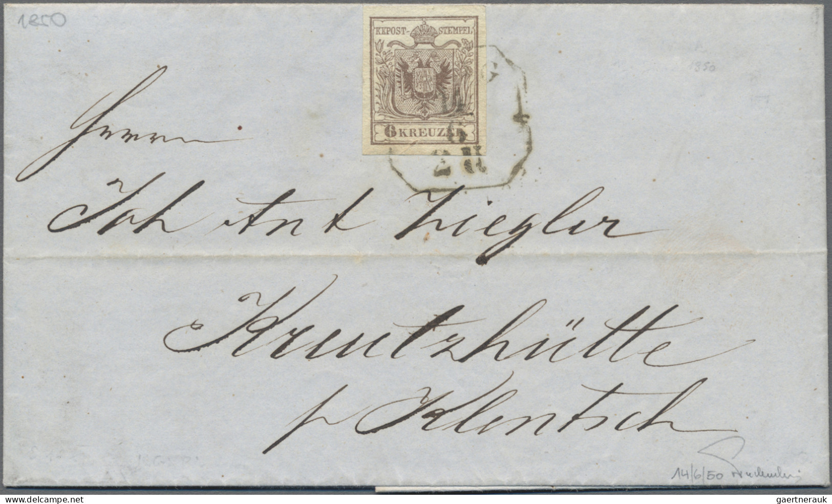 Österreich: 1850, 6 Kr. Braun, Handpapier, Type I, Breitrandiges Prachtstück Als - Lettres & Documents