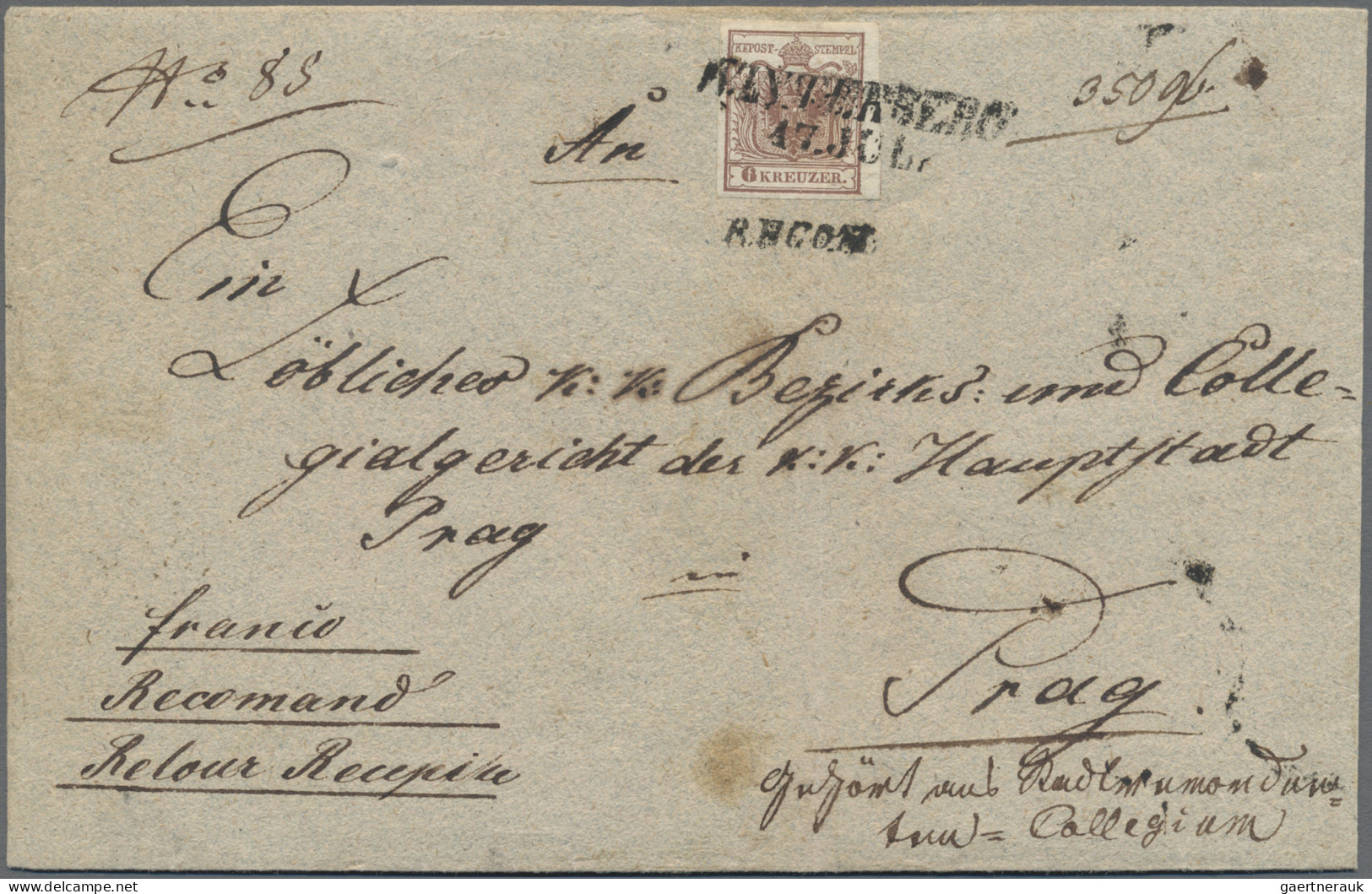 Österreich: 1850, 6 Kr. Braun, Handpapier, Type I, Vorderseitig Auf Reco-Brief M - Cartas & Documentos