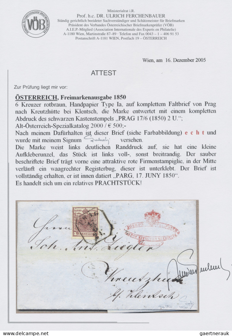 Österreich: 1850, 6 Kr. Braun, Handpapier, Type Ia, Tadelloses Prachtstück (link - Briefe U. Dokumente