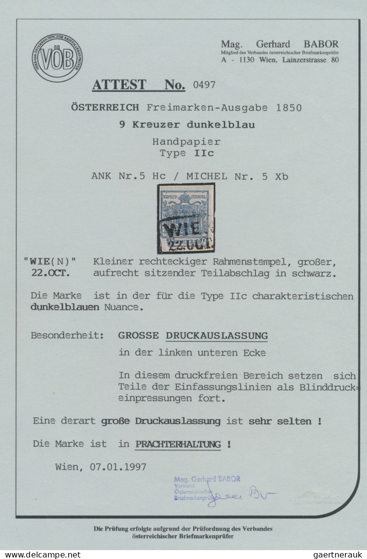 Österreich: 1850, 9 Kreuzer Blau, Handpapier, Type IIc, Mit Großer Druckauslassu - Usados