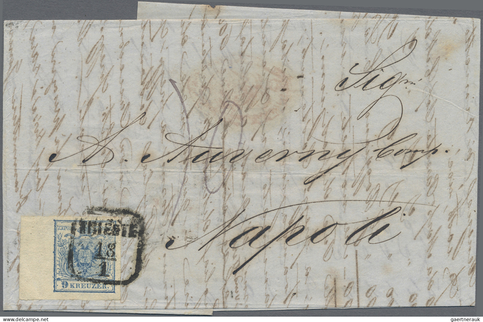 Österreich: 1850, 9 Kr. (1854 Triest - Padova - Rome - Naples) In Austria And Th - Cartas & Documentos