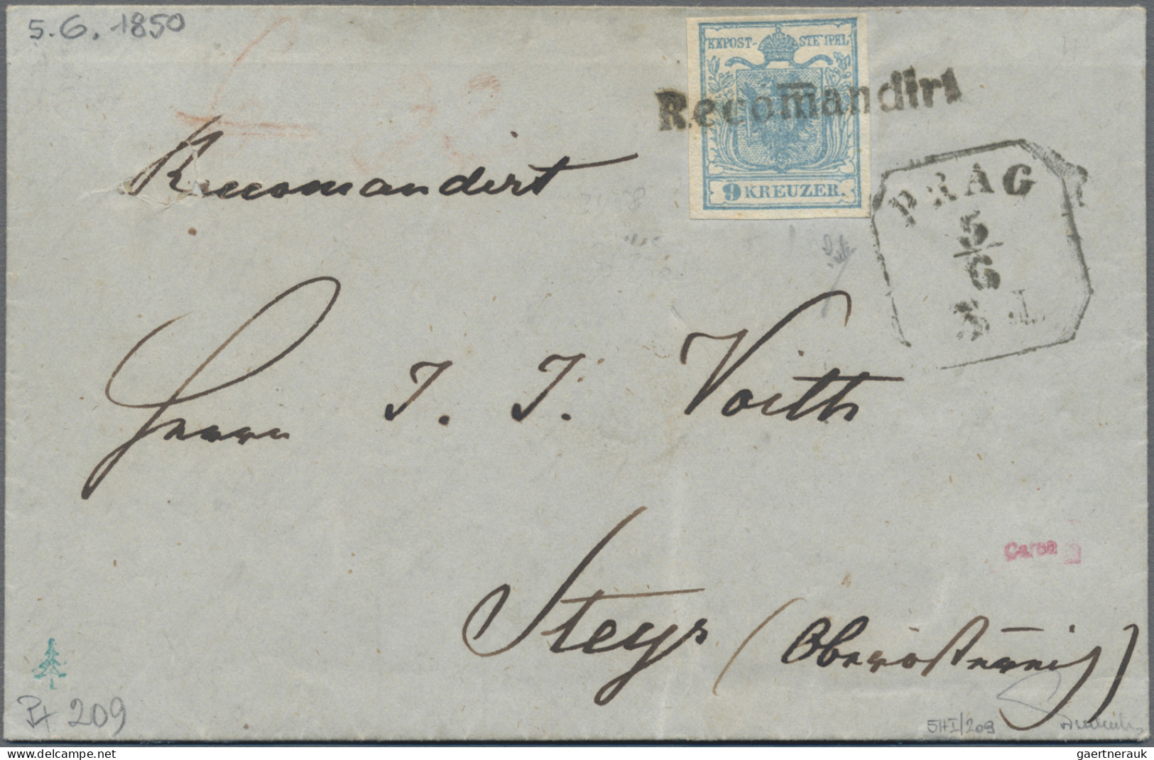 Österreich: 1850, 9 Kr. Hellblau, Handpapier, Type I, Mit Interessantem Plattenf - Cartas & Documentos