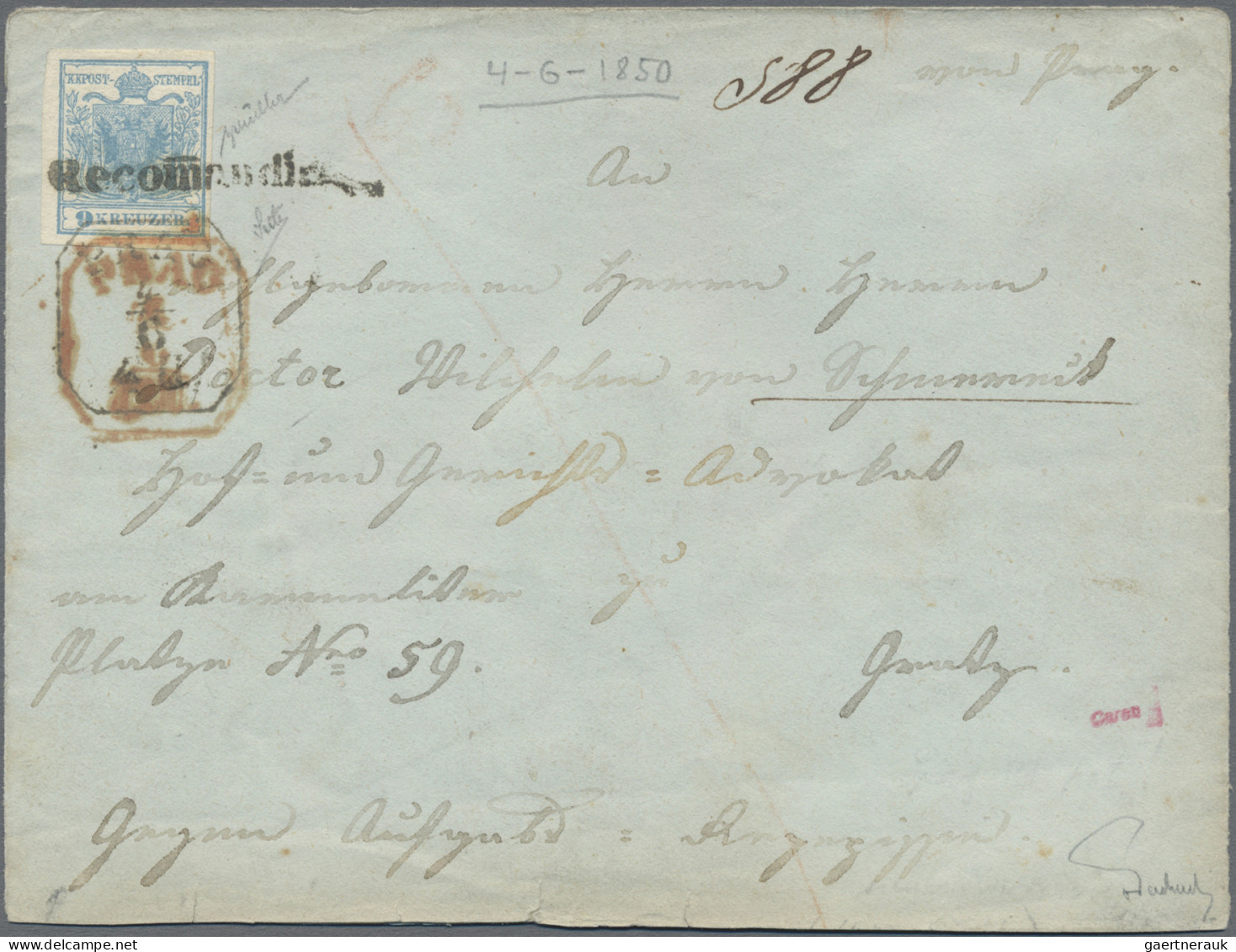 Österreich: 1850, 9 Kr. Blau, Handpapier, Type I, Breitrandig Auf Briefcouvert, - Cartas & Documentos
