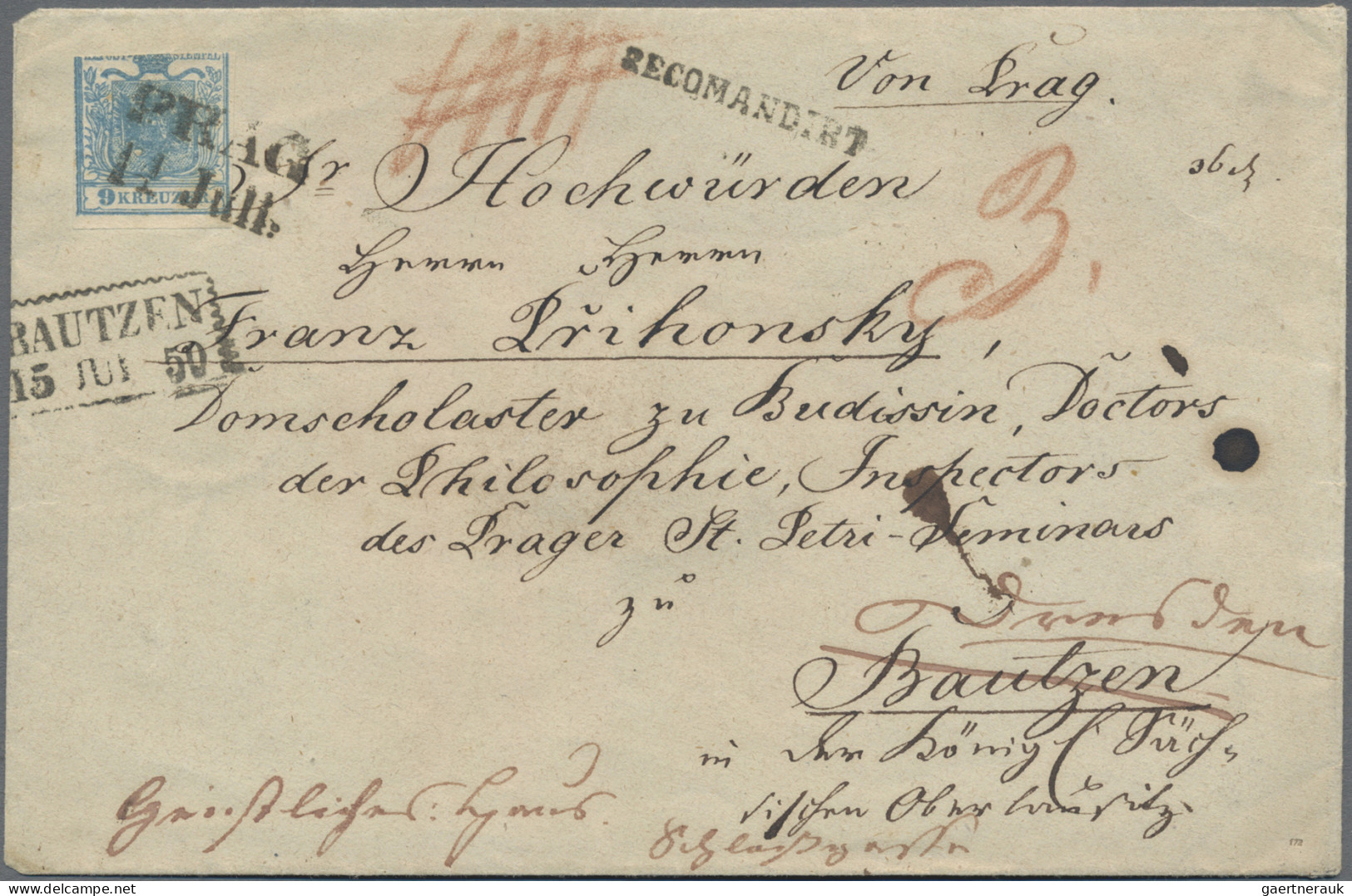 Österreich: 1850, 9 Kr. Blau, Handpapier, Type I, Oben Angeschnitten, Vorderseit - Briefe U. Dokumente