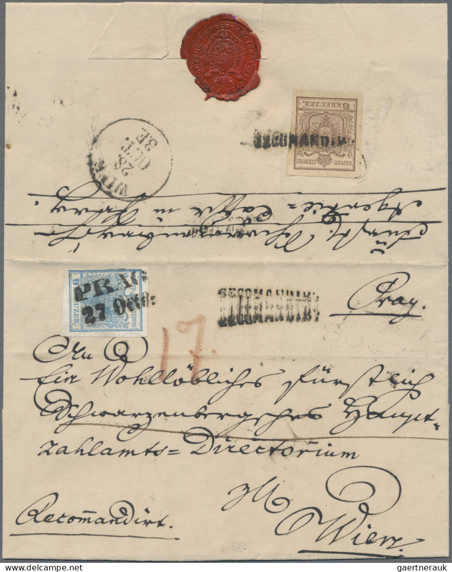 Österreich: 1850, 9 Kr. Blau Sowie Rückseitig Geklebt 6 Kr. Braun, Je Handpapier - Briefe U. Dokumente