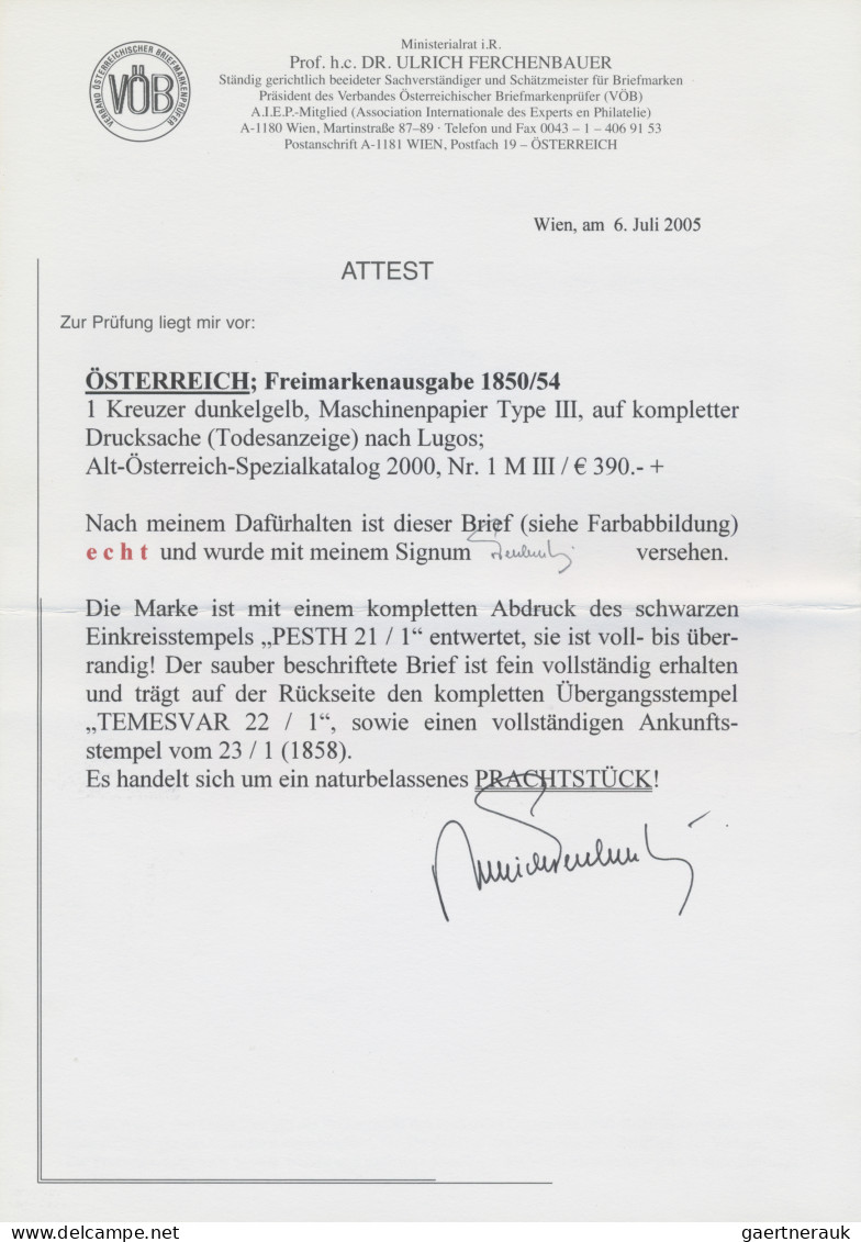 Österreich: 1854, 1 Kr. Dunkelgelb, Type III, Frisches Prachtstück Als Einzelfra - Briefe U. Dokumente