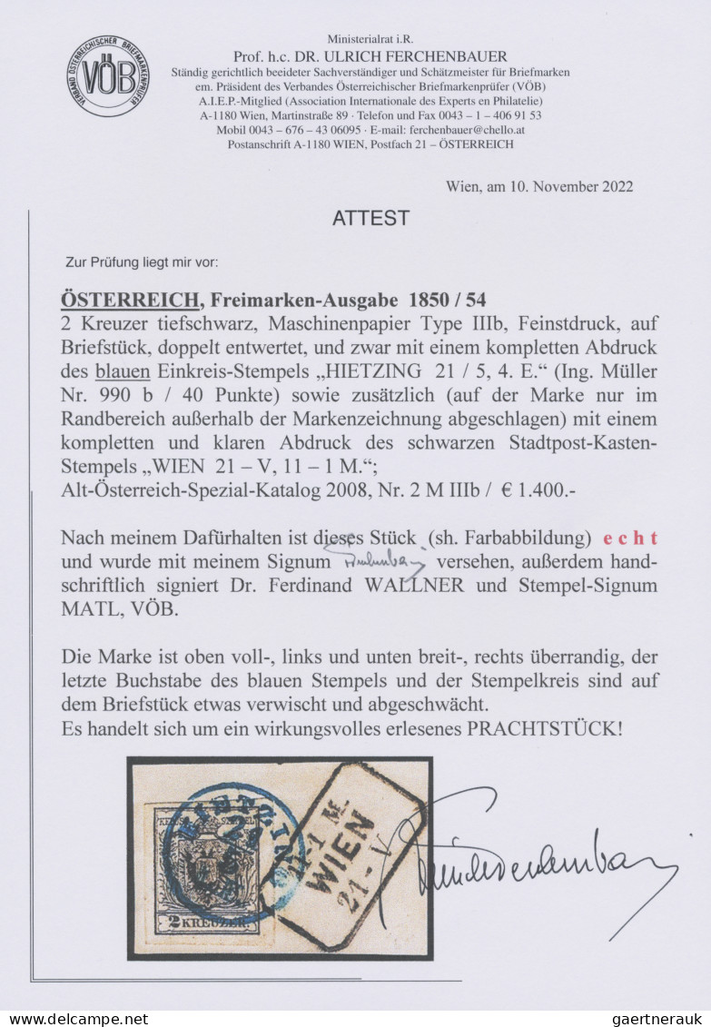 Österreich: 1850/64, 2 Kreuzer Tiefschwarz, Maschinenpapier, Type IIIb, Feinstdr - Briefe U. Dokumente