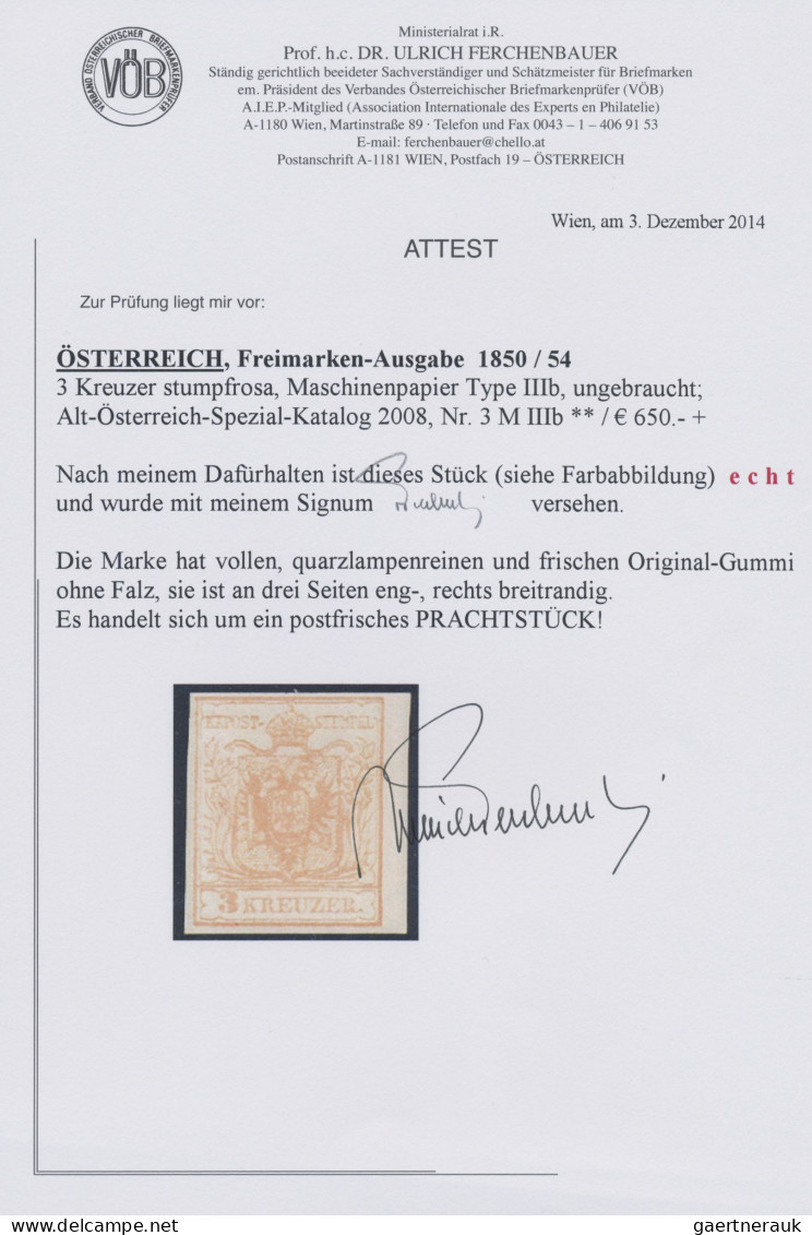 Österreich: 1850/1854, 3 Kreuzer Stumpfrosa, Maschinenpapier, Postfrisch Mit Vol - Unused Stamps