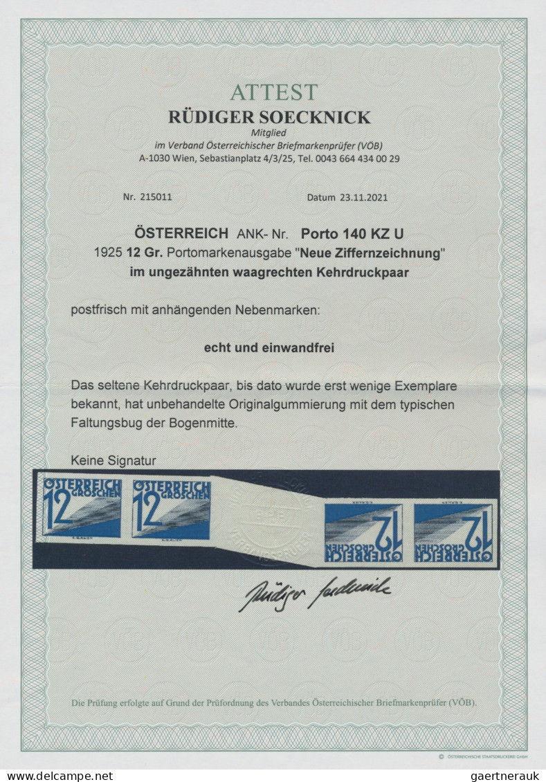 Österreich - Portomarken: 1925, 12 G Blau Ungezähnt Waagrechtes Kehrdruckpaar Mi - Portomarken