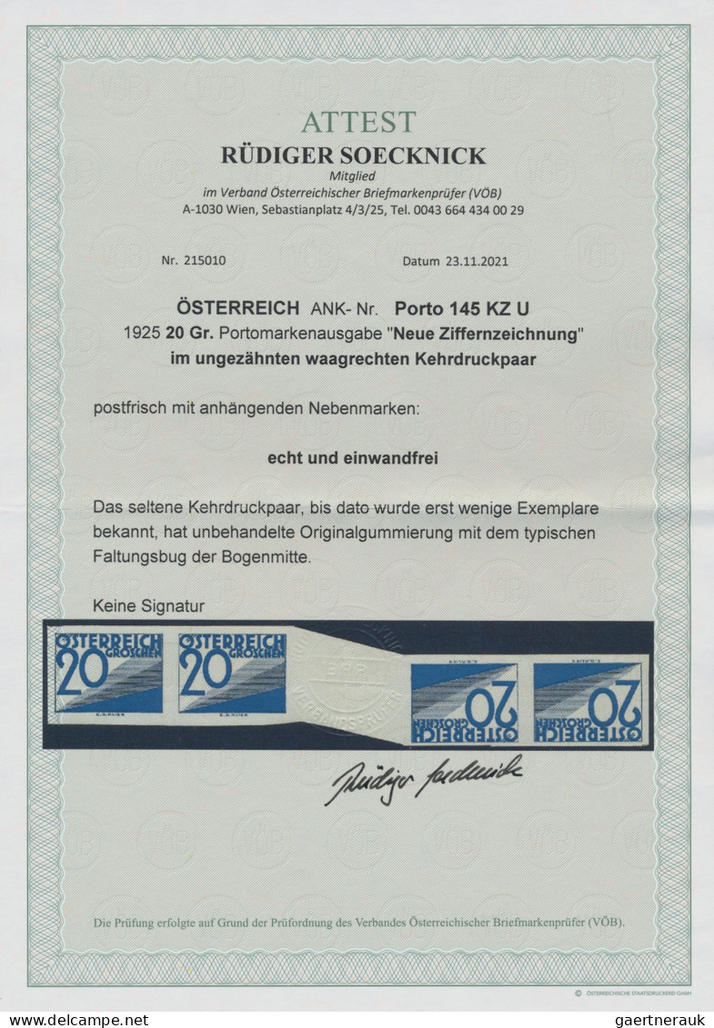 Österreich - Portomarken: 1925, 20 G Blau Ungezähnt Waagrechtes Kehrdruckpaar Mi - Postage Due