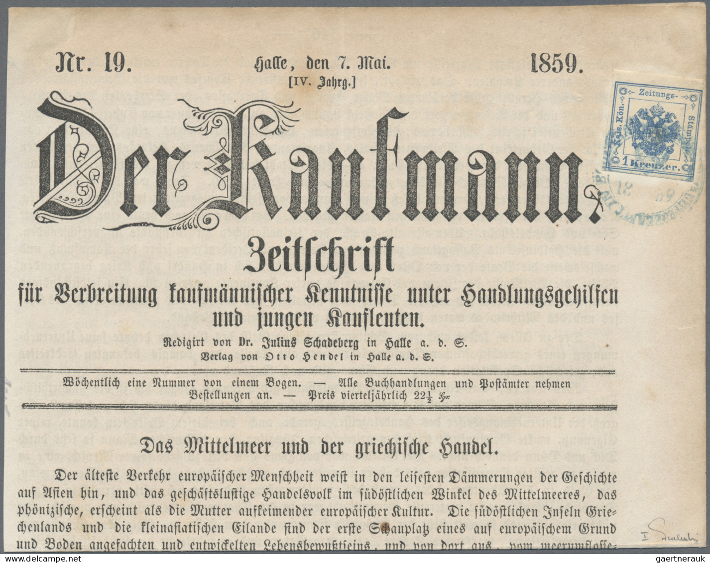 Österreich - Zeitungsstempelmarken: 1858, 1 Kr. Blau, Type I, Rechts Randliniens - Journaux