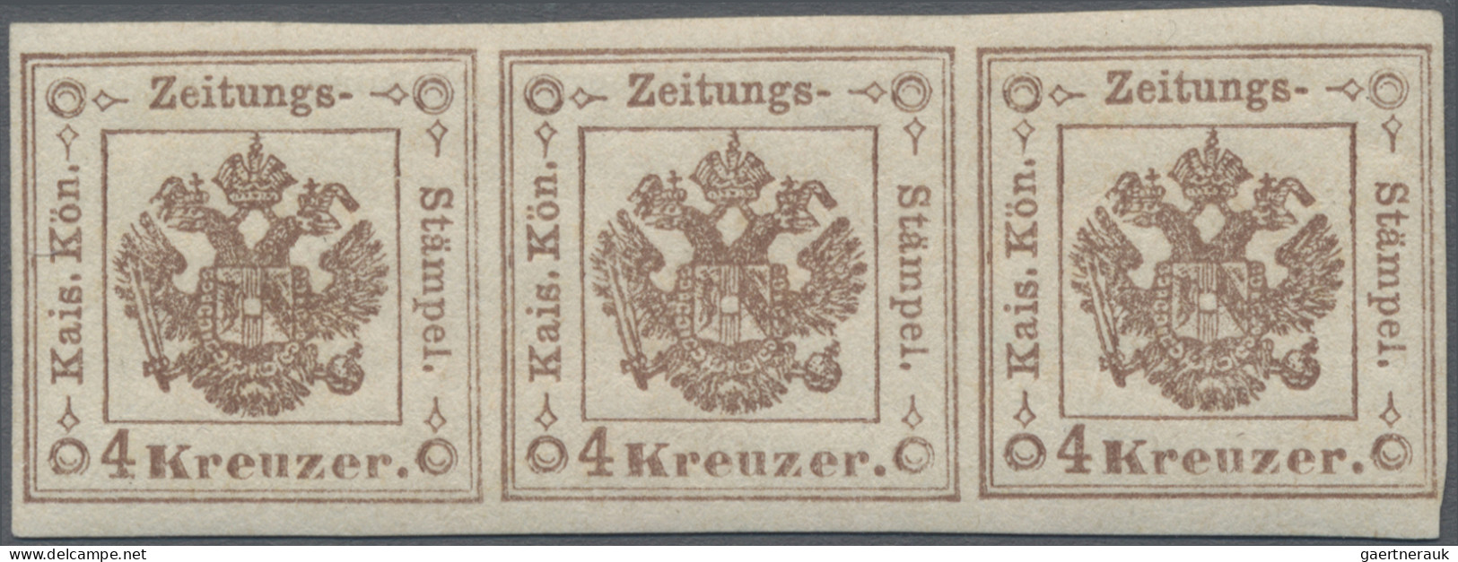 Österreich - Zeitungsstempelmarken: 1858, 4 Kr Braun, Waagerechter Dreierstreife - Dagbladen