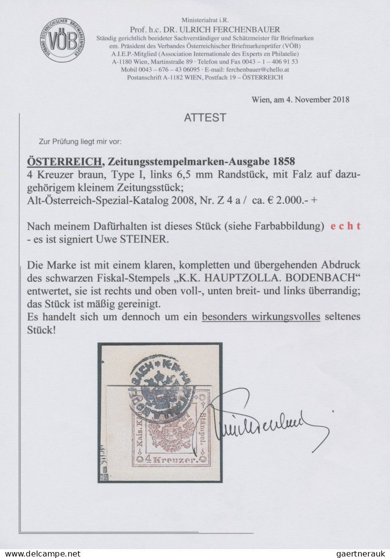 Österreich - Zeitungsstempelmarken: 1858, 4 Kreuzer Braun, Type I, Links 6,5 Mm - Zeitungsmarken