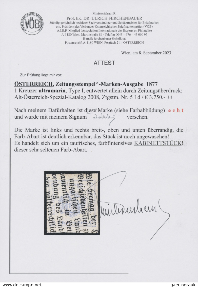 Österreich - Zeitungsstempelmarken: 1877, Zeitungsstempelmarke 1 Kr Ultramarin, - Dagbladen