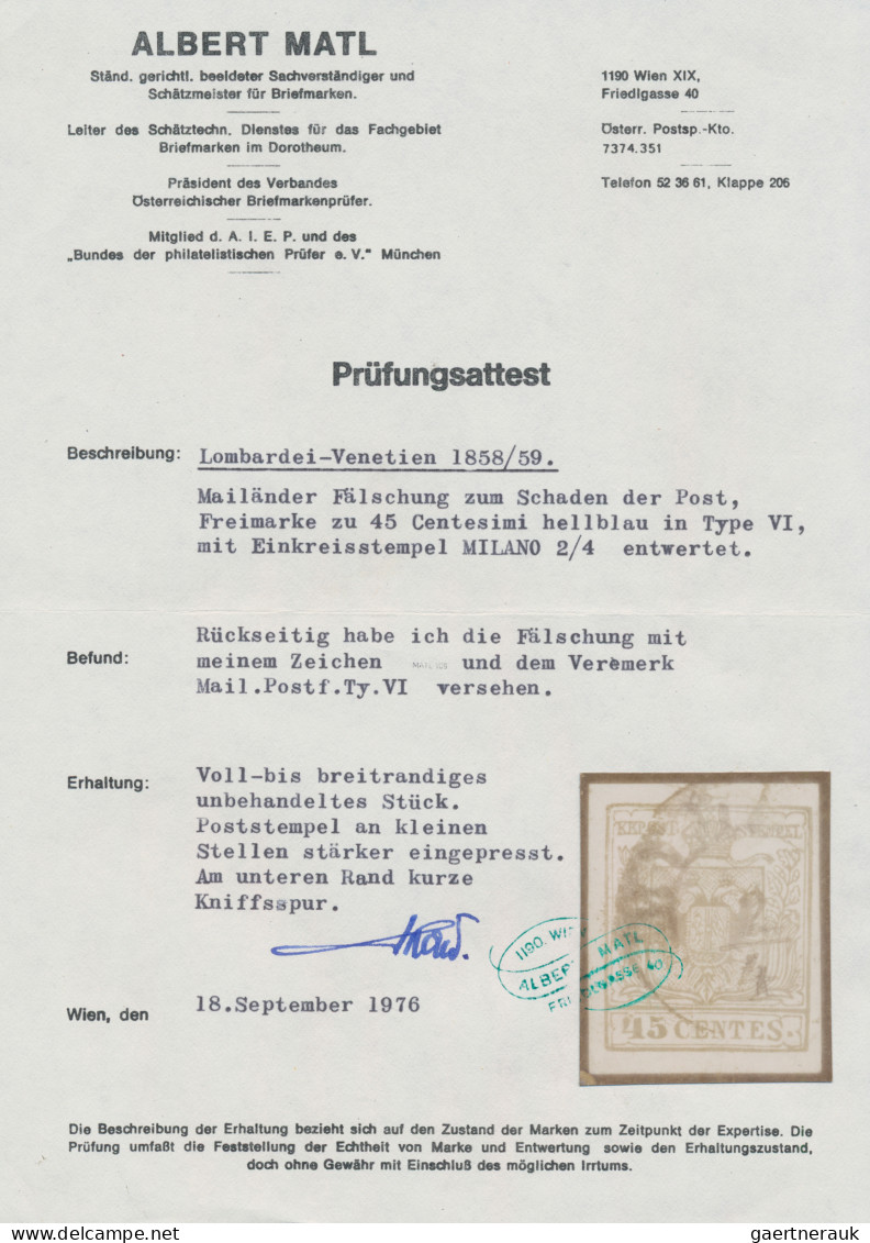 Österreich - Lombardei Und Venetien: 1857, MAILÄNDER POSTFÄLSCHUNG, 45 C. Blau, - Lombardy-Venetia