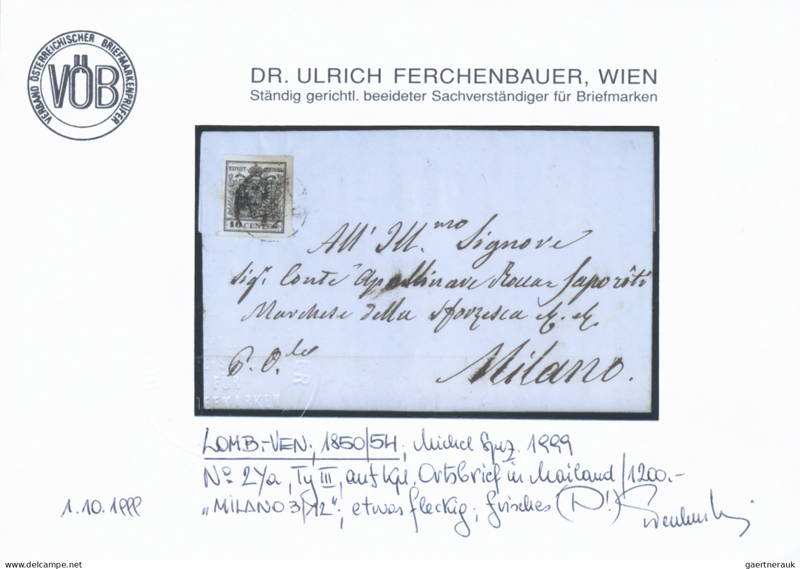 Österreich - Lombardei Und Venetien: 1854, 10 Cent. Schwarz, Type III, Breitrand - Lombardije-Venetië