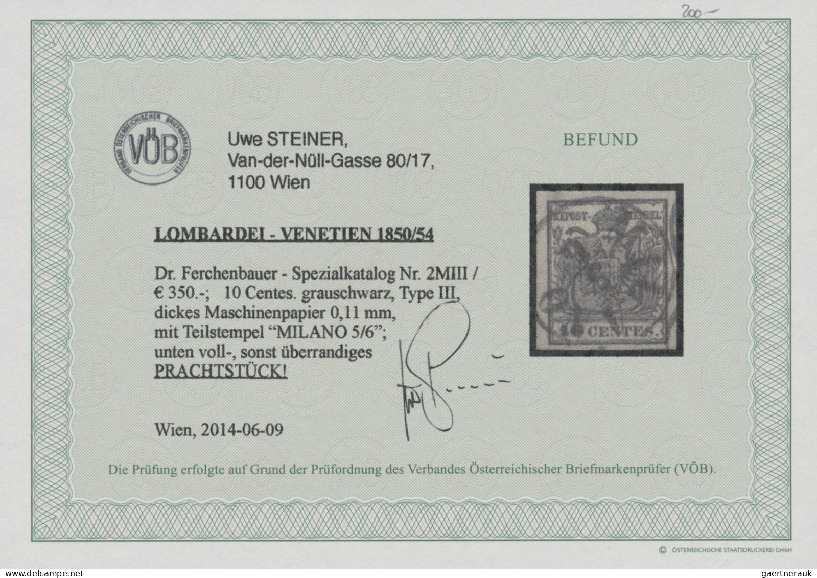 Österreich - Lombardei Und Venetien: 1854, 10 Cent. Grauschwarz, Type III, Breit - Lombardo-Venetien