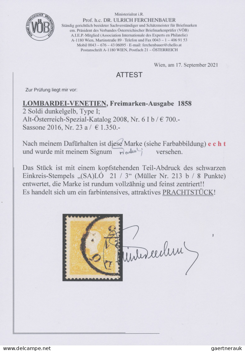 Österreich - Lombardei Und Venetien: 1858, 2 Soldi Dunkelgelb, Type I, Gut Zentr - Lombardo-Vénétie